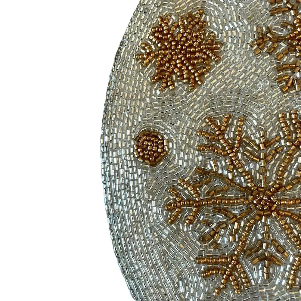 Nicole Miller 15in Beaded Christmas Placemat Holiday Snowflakes Gold & White New